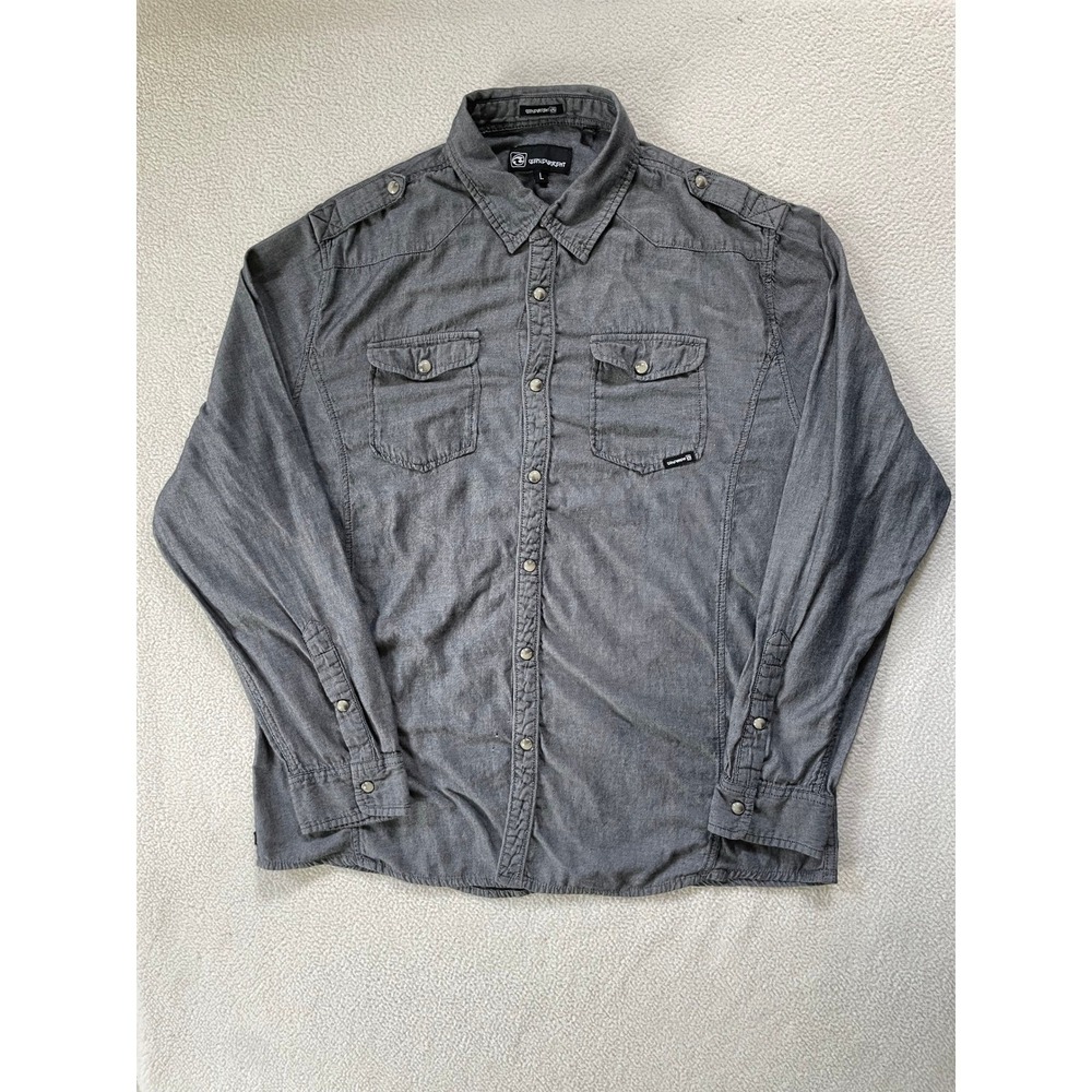 Ocean Current Mens Large Button Down Shirt Gray Snap Front Epaulets Pearl Snap